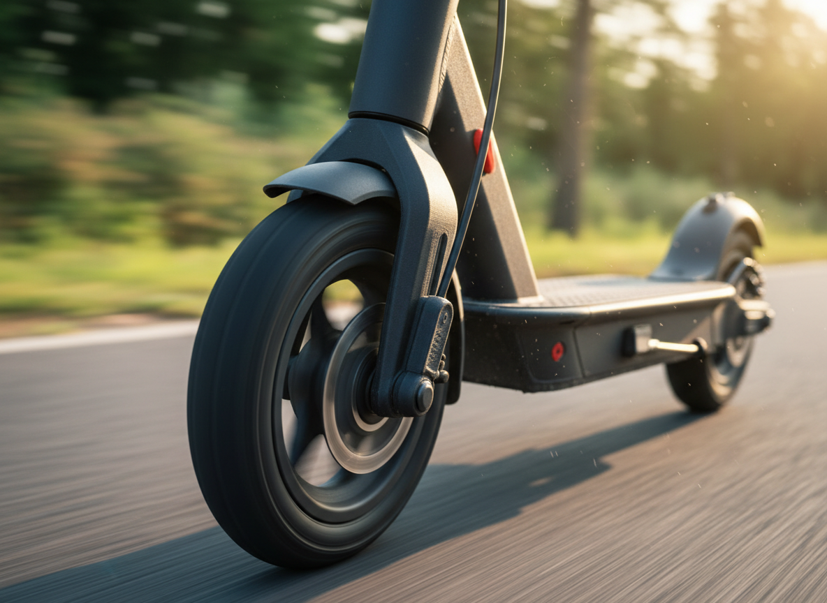 A dynamic, photographic close-up of an E‑Scooter front wheel in motion on a smooth bike path, emphasizing a custom-designed German-made splash guard and cable-management clip system attached to the fork. The 3D-printed parts, in deep matte black, hug the contours of the scooter with engineered curves and reinforcing ribs, showing fine FDM texture. The background is motion-blurred greenery and asphalt, suggesting speed and daily commuting. Golden hour sunlight from the side creates rim light along the edges of the accessories, with small dust particles caught in the light. Captured from a low, forward-facing angle with shallow depth of field, the mood is energetic yet controlled, radiating confidence, safety, and performance-focused design.