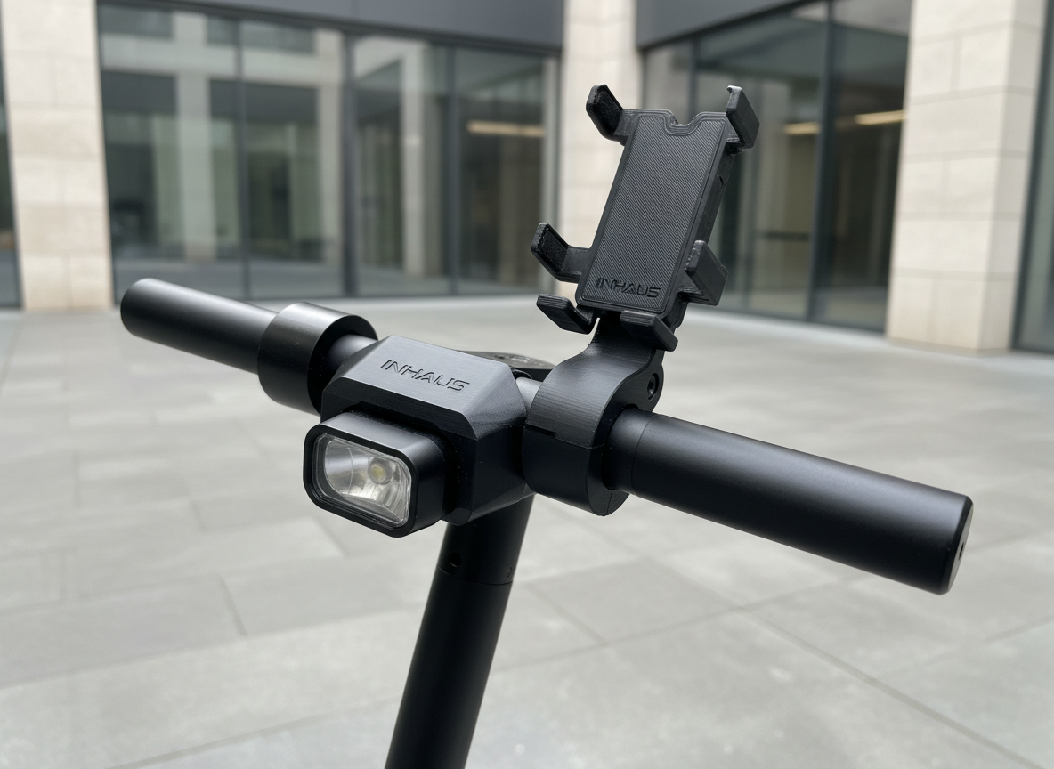 A close-up, photographic image of a sleek black E‑Scooter handlebar equipped with a custom-designed German-made accessory mount system, printed in matte dark gray FDM plastic with visible, precise layer lines. The mount securely holds a compact front light and smartphone cradle, all clearly branded as in-house components without third-party logos. The scooter stands on a clean concrete floor in a bright, modern urban courtyard. Soft overcast daylight from above creates even illumination and gentle shadows, emphasizing the engineered edges and textures. Shot at eye level with a shallow depth of field, the background softly blurred to keep focus on the mounted accessories. The mood is professional, innovative, and dependable, with a crisp, realistic photographic style.