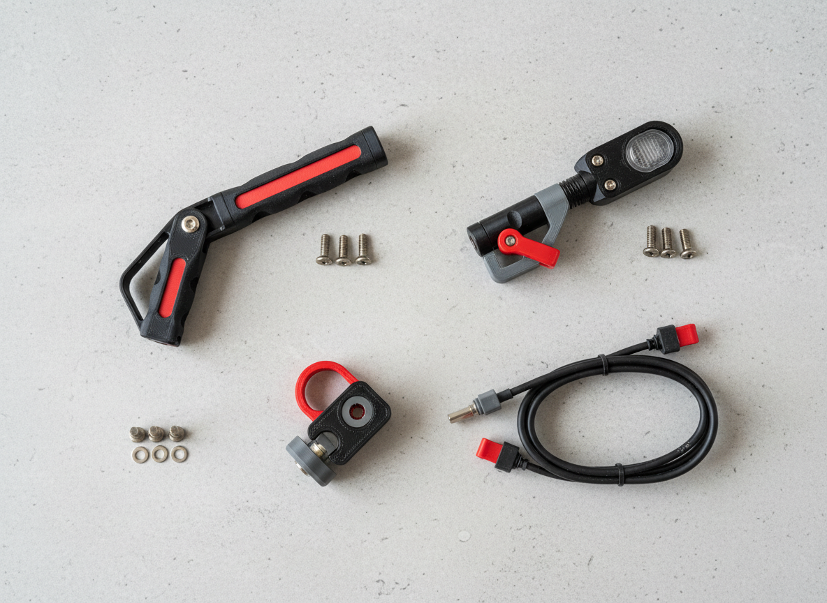 A tidy product flat-lay of several proprietary E‑Scooter accessories arranged on a light concrete surface: a folding carry handle, a locking hook upgrade, a rear light bracket, and a cable organizer set. Each piece is 3D-printed in high-quality FDM with German-engineered precision, in a coordinated palette of black, gray, and signal-red accents. The parts are arranged with clear spacing, small stainless steel screws and washers aligned beside them, suggesting complete kits. Soft diffused studio lighting from above creates minimal shadows and clear visibility of contours and textures. Shot from a pure top-down perspective with sharp focus across the frame, the composition is minimalist, technical, and professional, ideal for a catalog-style product overview in realistic photographic quality.