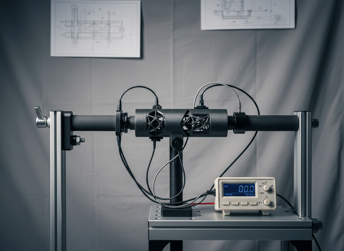 A controlled indoor testing setup for an E‑Scooter accessory: a custom German-made vibration-damping handlebar insert being tested on a securely clamped scooter handlebar segment. The 3D-printed insert, made from dark graphite-colored filament with intricate internal lattice structures visible through cutaway openings, is connected to a compact measurement rig with non-branded sensors and cables. Cool, directional studio lighting from the left casts precise highlights and shadows, emphasizing the geometry and material texture. The background is a neutral gray backdrop with a faint outline of technical diagrams pinned to a board, softly blurred. Shot straight-on with medium depth of field, the scene feels analytical, precise, and engineering-driven, underlining rigorous in-house testing in a clean, realistic photographic aesthetic.
