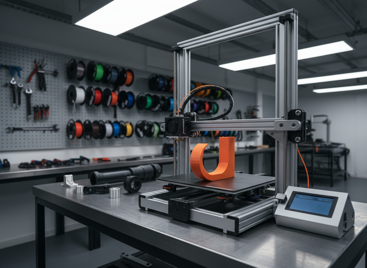 An indoor workshop scene showing a German-made E‑Scooter accessory during FDM-3D-print production: a robust front cargo hook taking shape on a professional printer. The hook, in bright signal-orange filament, is half-finished with crisp, visible layers, while other completed gray and black scooter parts rest neatly on a nearby metal table. Neutral studio lighting from overhead LED panels provides even, shadow-free illumination, highlighting the precision of the print and clean workspace. The background reveals racks of labeled filament spools and neatly arranged tools, slightly out of focus. Shot from a three-quarter elevated angle with sharp focus on the emerging part, the atmosphere is technical, trustworthy, and quality-focused, emphasizing German engineering and modern manufacturing in a realistic photographic style.