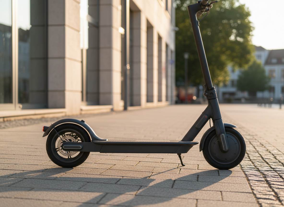 A side-view, photographic scene of a matte black E‑Scooter parked on a tidy German city sidewalk beside a low modern building, showcasing multiple proprietary 3D-printed accessories: a rear mudguard extension, side reflector housings, and a robust kickstand foot, all in matching anthracite plastic. Each part shows fine FDM layer texture and precise fit to the scooter’s frame. Soft late-afternoon sunlight casts long, defined shadows and warm highlights along the edges of the accessories. The background is subtly blurred but hints at German architecture and cobblestone detail. Captured from a slightly low angle, rule-of-thirds composition, conveying reliability, everyday usability, and technical refinement in a clean, realistic style.